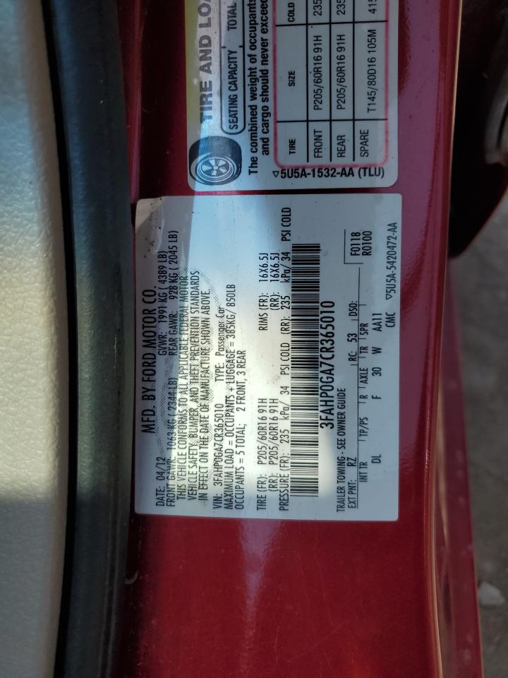 2012 Ford Fusion VIN 3FAHP0GA7CR365010 Copart auction photo, front end damage thumbnail 14
