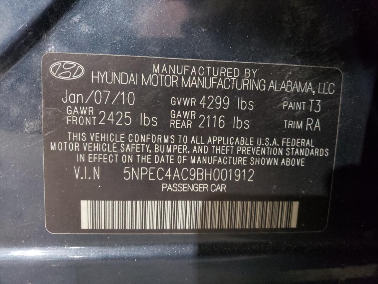 2011 Hyundai Sonata VIN 5NPEC4AC9BH001912 Copart auction photo, all over damage thumbnail 13