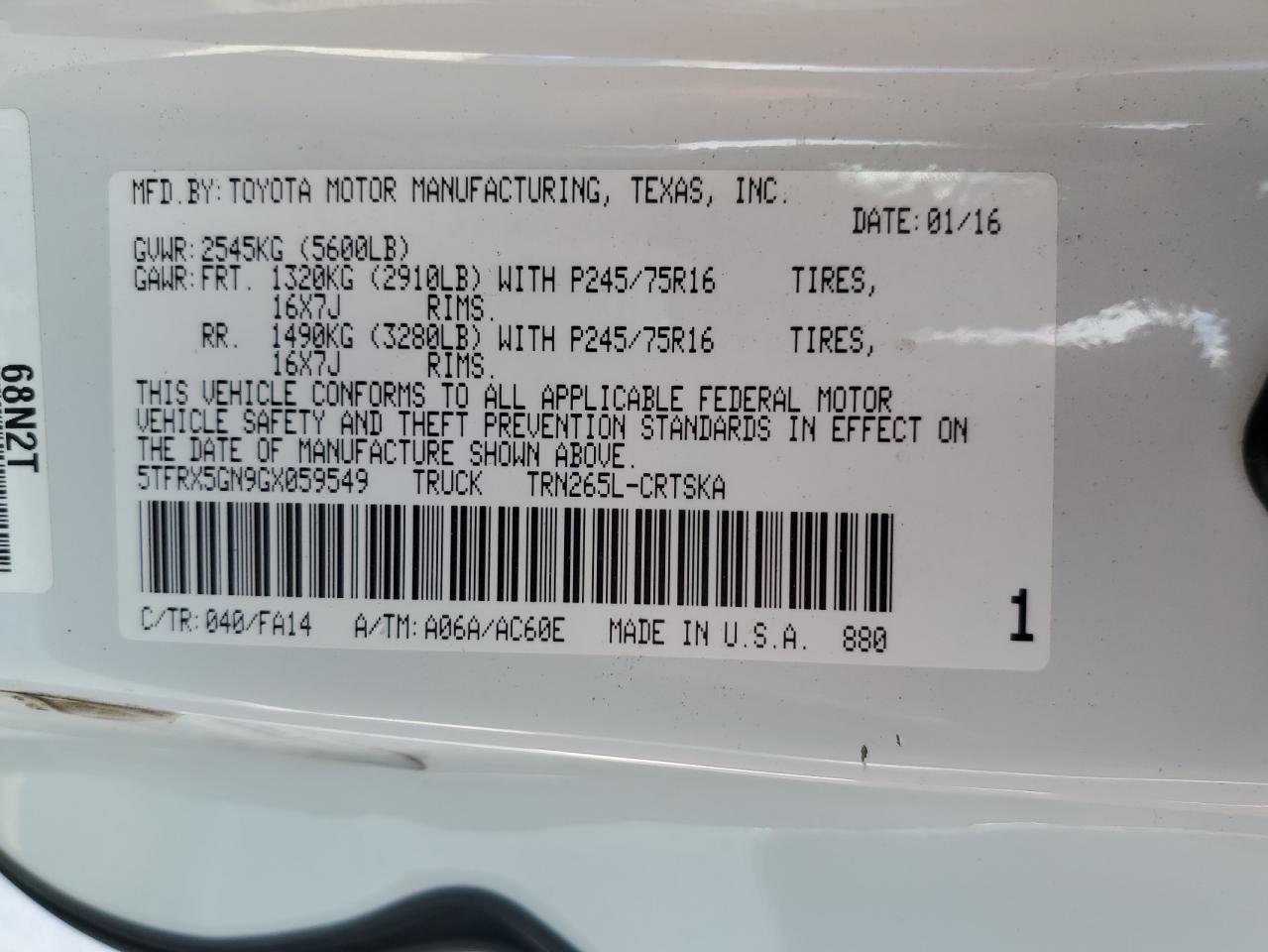 2016 Toyota Tacoma VIN 5TFRX5GN9GX059549 Copart auction photo, front end damage thumbnail 14