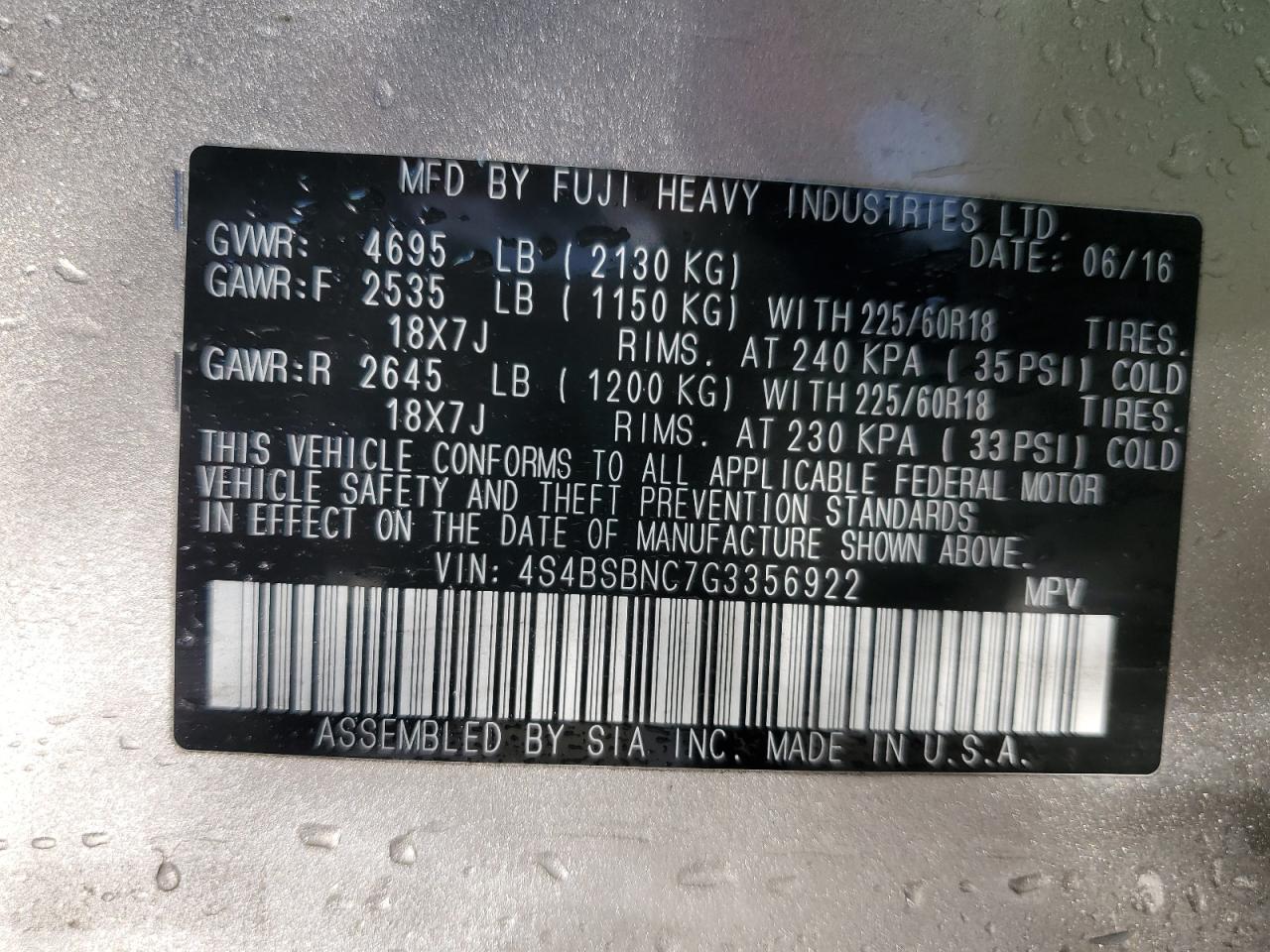 2016 Subaru Outback VIN 4S4BSBNC7G3356922 Copart auction photo, side / rear end damage thumbnail 13