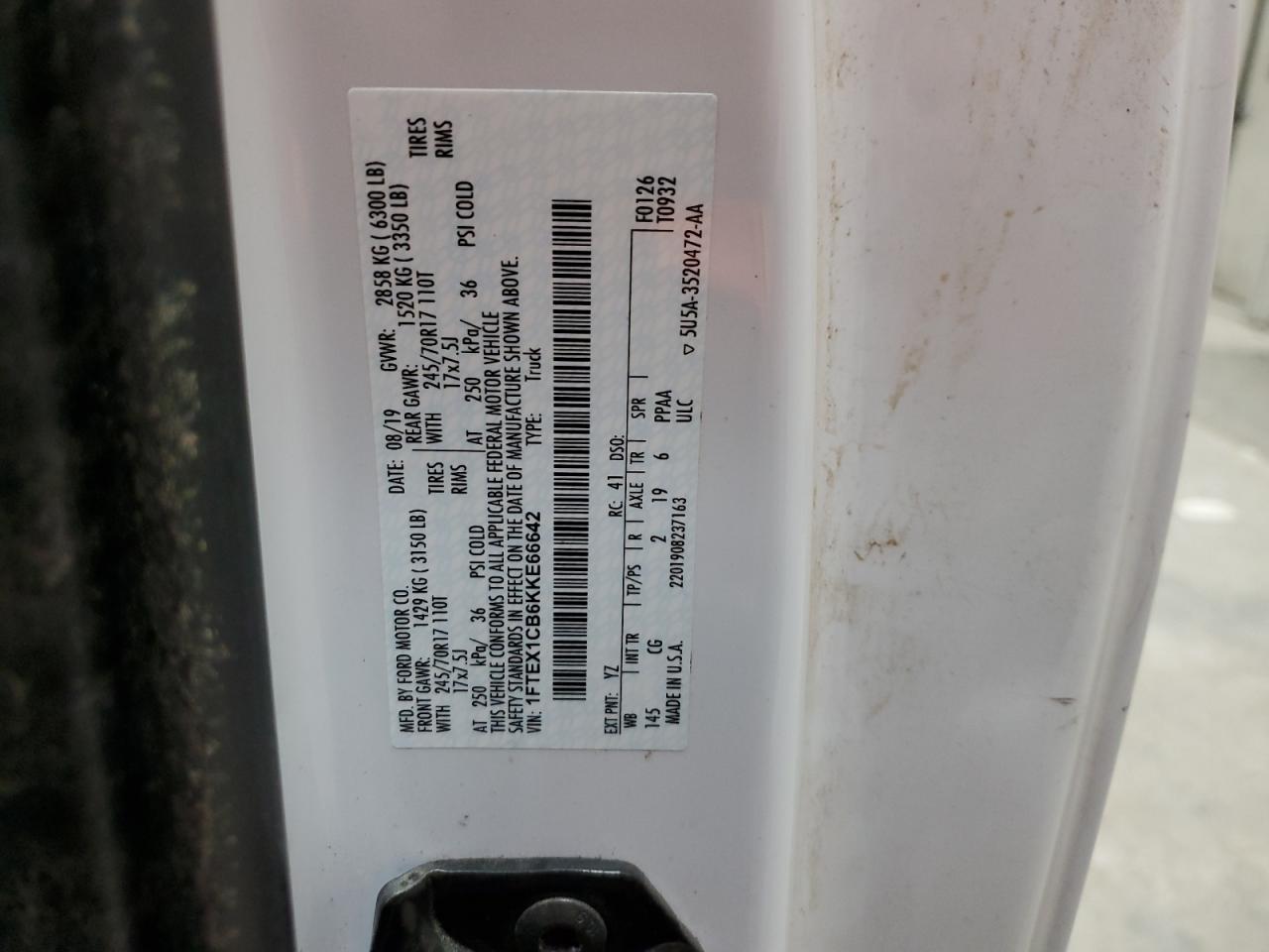 2019 Ford F-150 VIN 1FTEX1CB6KKE66642 Copart auction photo, water/flood damage thumbnail 12