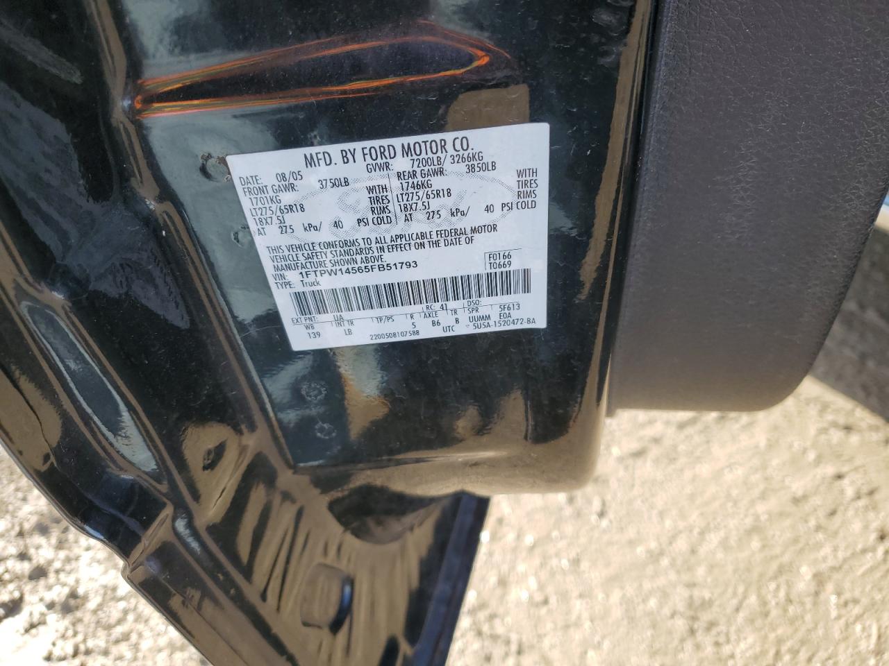 2005 Ford F-150 VIN 1FTPW14565FB51793 Copart auction photo, side damage thumbnail 12