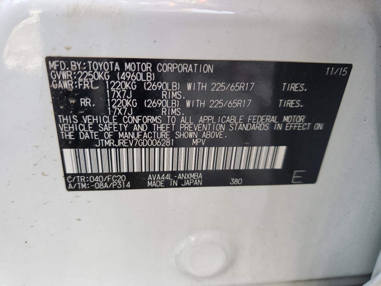 2016 Toyota RAV 4 VIN JTMRJREV7GD006281 Copart auction photo, front end / side damage thumbnail 15