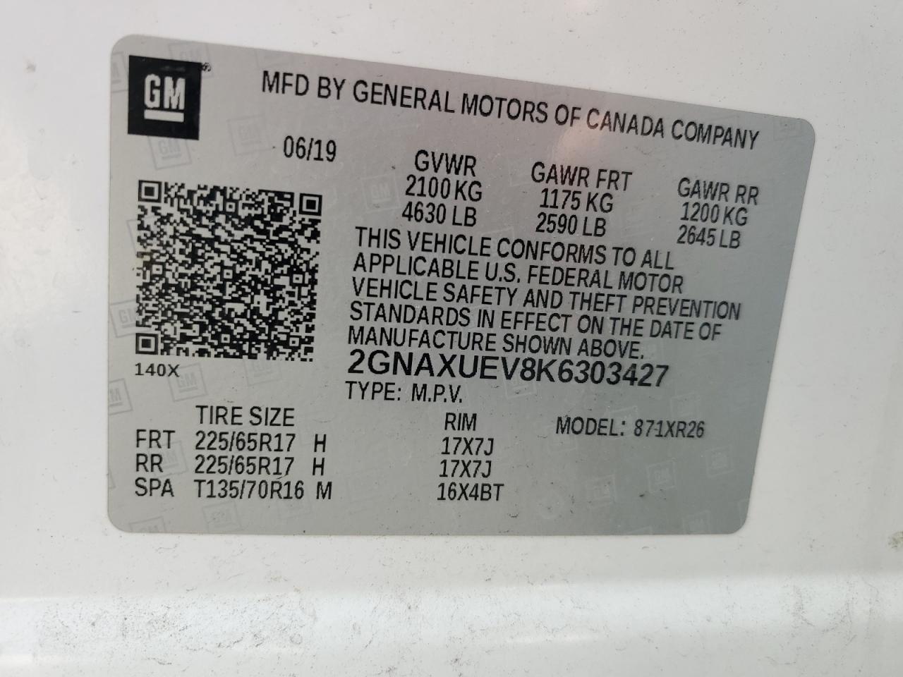 2019 Chevrolet Equinox VIN 2GNAXUEV8K6303427 Copart auction photo, front end / undercarriage damage thumbnail 14