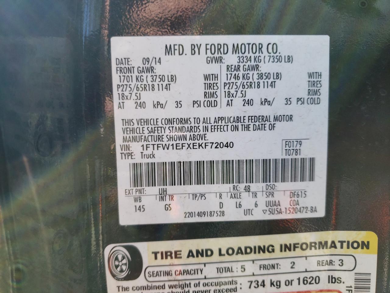 2014 Ford F-150 VIN 1FTFW1EFXEKF72040 Copart auction photo, front end damage thumbnail 12