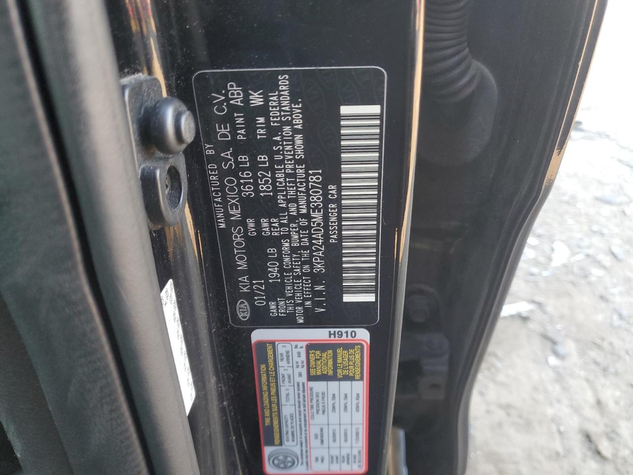 2021 KIA Rio VIN 3KPA24AD5ME380781 Copart auction photo, front end damage thumbnail 12
