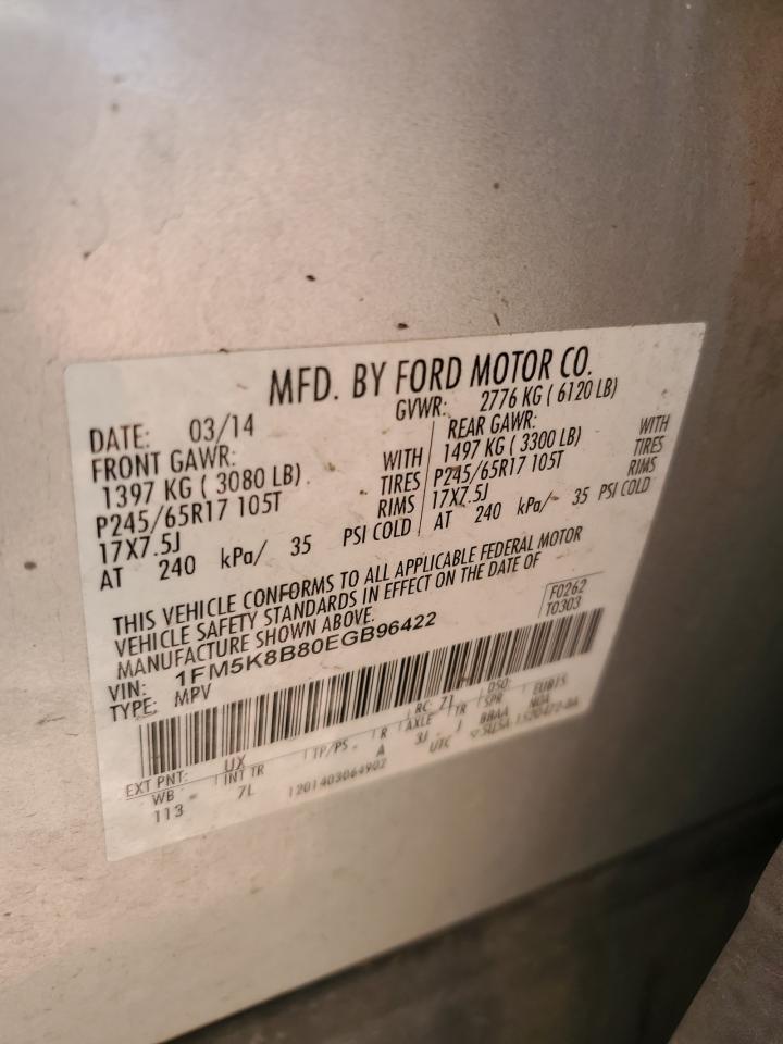 2014 Ford Explorer VIN 1FM5K8B80EGB96422 Copart auction photo, front end / rear end damage thumbnail 13