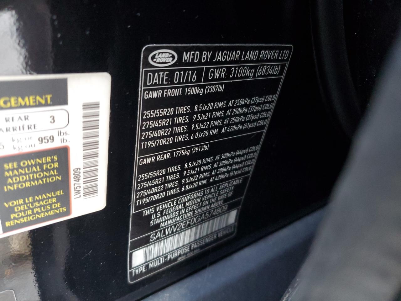 2016 Land Rover Range Rover VIN SALWV2EF0GA574809 Copart auction photo, water/flood / minor dent/scratches damage thumbnail 12