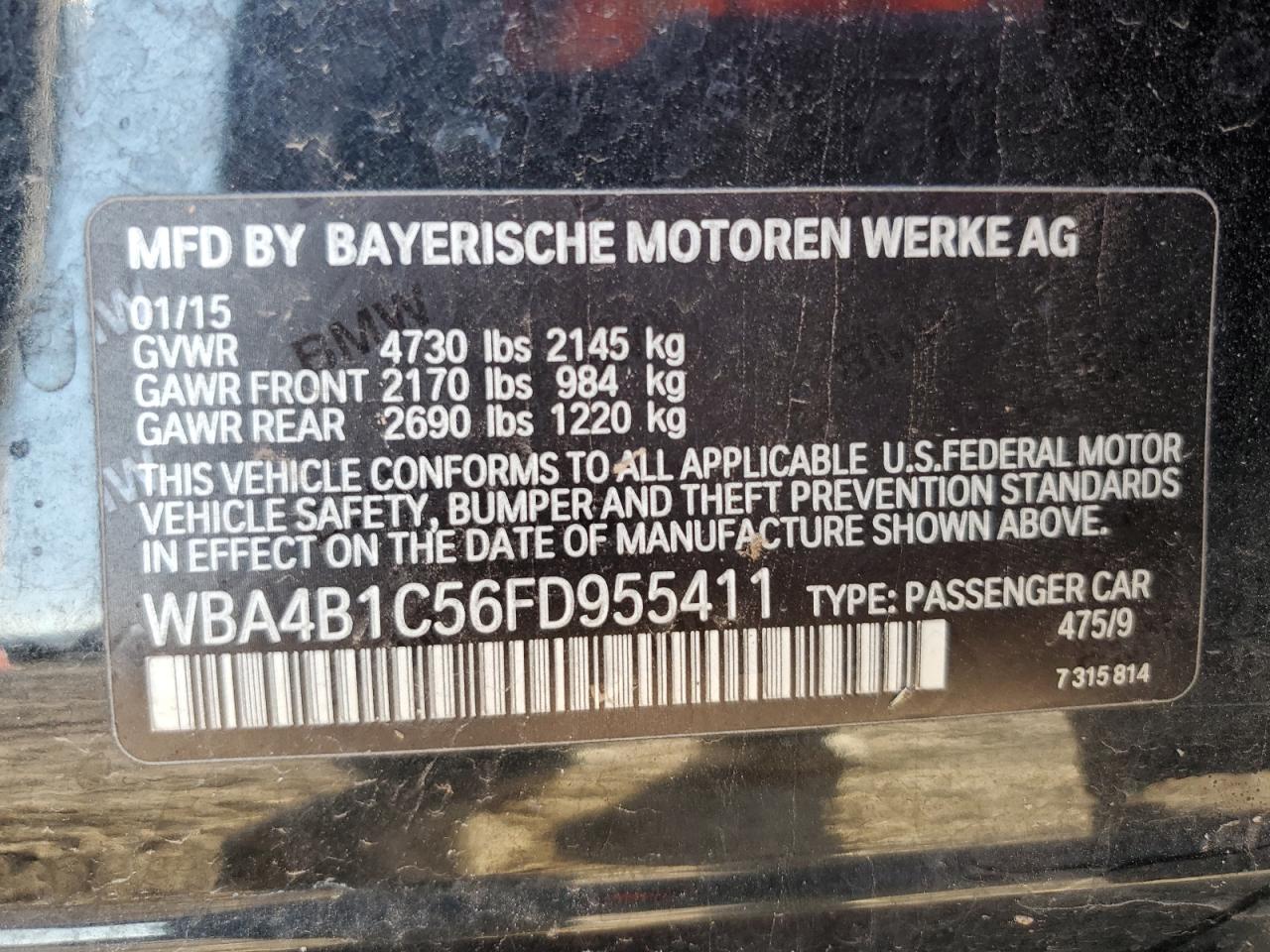 2015 BMW 4er VIN WBA4B1C56FD955411 Copart auction photo, water/flood / rear end damage thumbnail 12