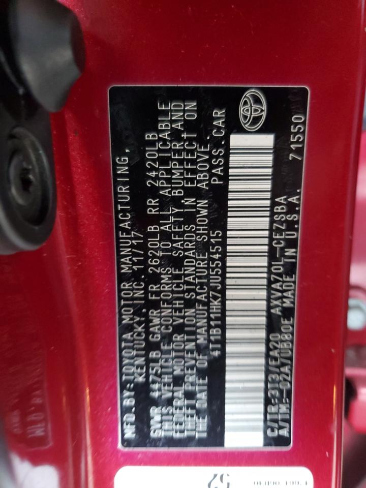 2018 Toyota Camry VIN 4T1B11HK7JU554515 Copart auction photo, front end / rear end damage thumbnail 14