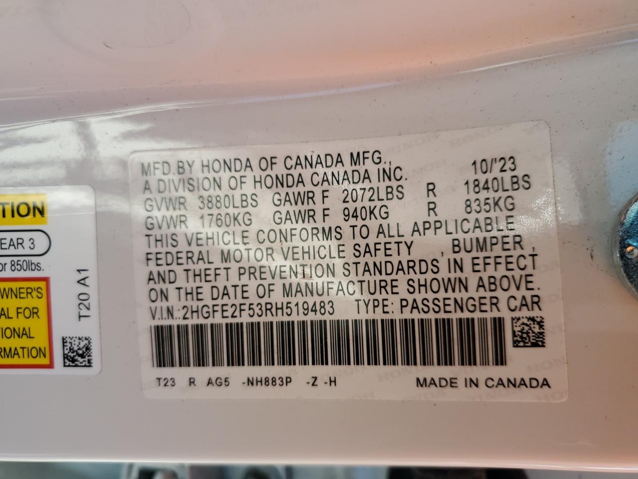 2024 Honda Civic VIN 2HGFE2F53RH519483 Copart auction photo, front end damage thumbnail 14
