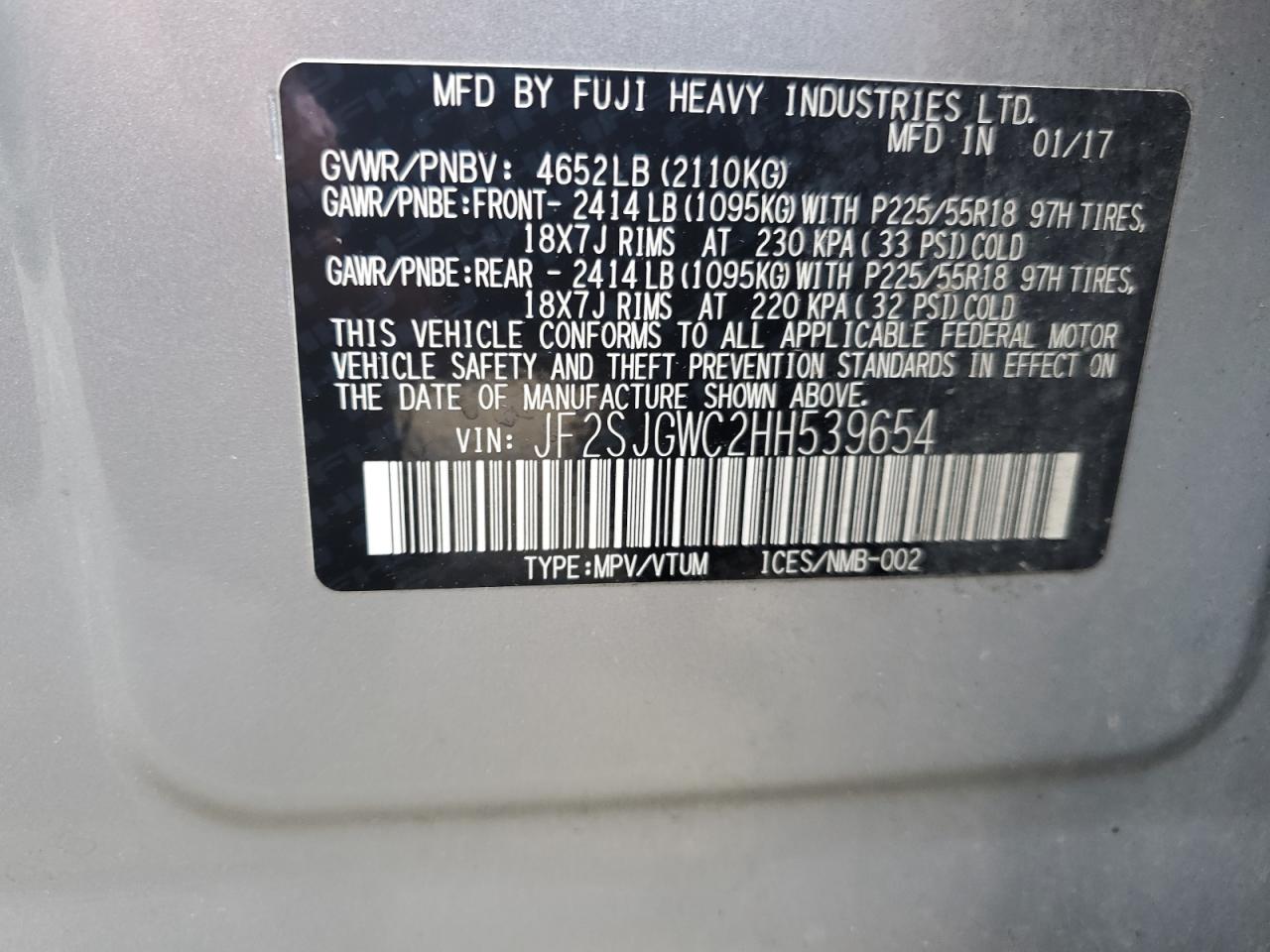 2017 Subaru Forester VIN JF2SJGWC2HH539654 Copart auction photo, front end / side damage thumbnail 13