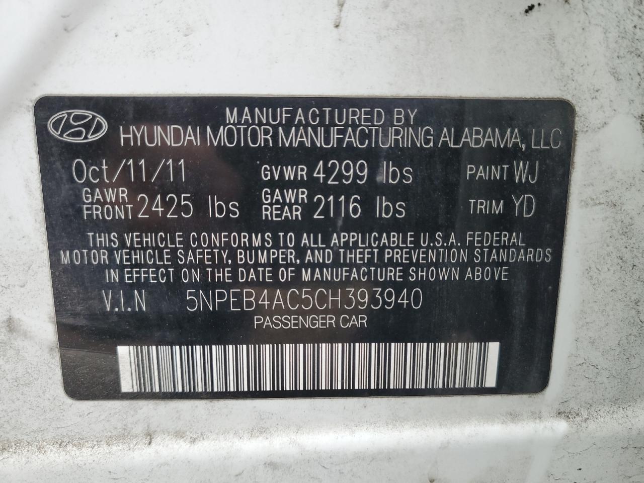 2012 Hyundai Sonata VIN 5NPEB4AC5CH393940 Copart auction photo, side / minor dent/scratches damage thumbnail 12