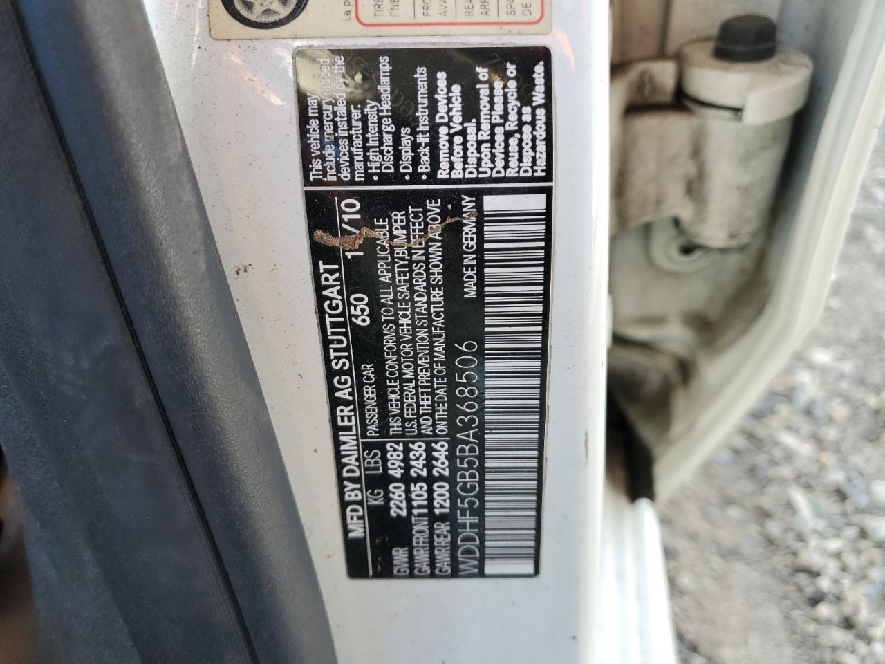 2011 Mercedes-Benz E-klasse VIN WDDHF5GB5BA368506 Copart auction photo, vandalism damage thumbnail 12