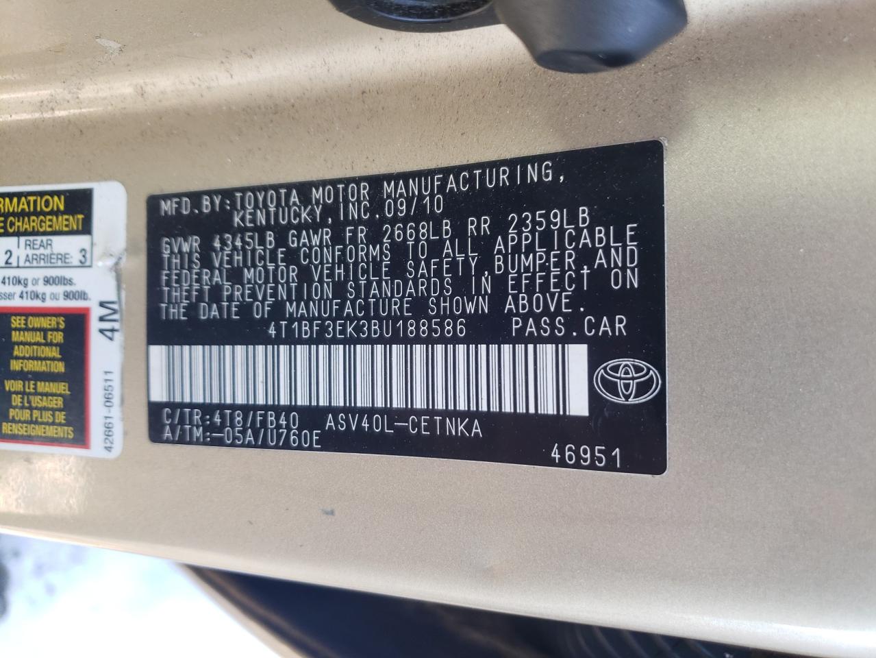 2011 Toyota Camry VIN 4T1BF3EK3BU188586 Copart auction photo, side / rear end damage thumbnail 12