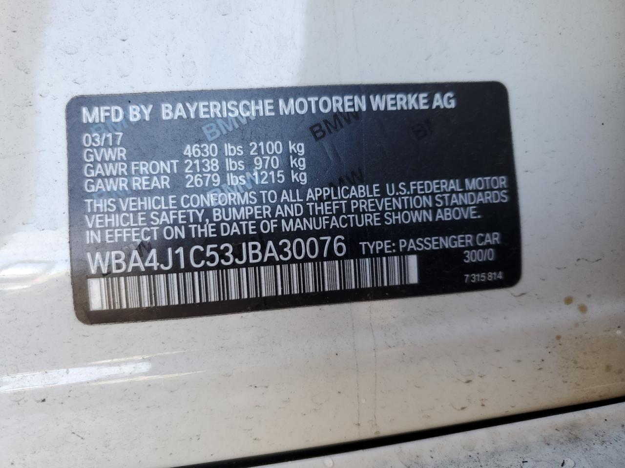 2018 BMW 4er VIN WBA4J1C53JBA30076 Copart auction photo, side damage thumbnail 13