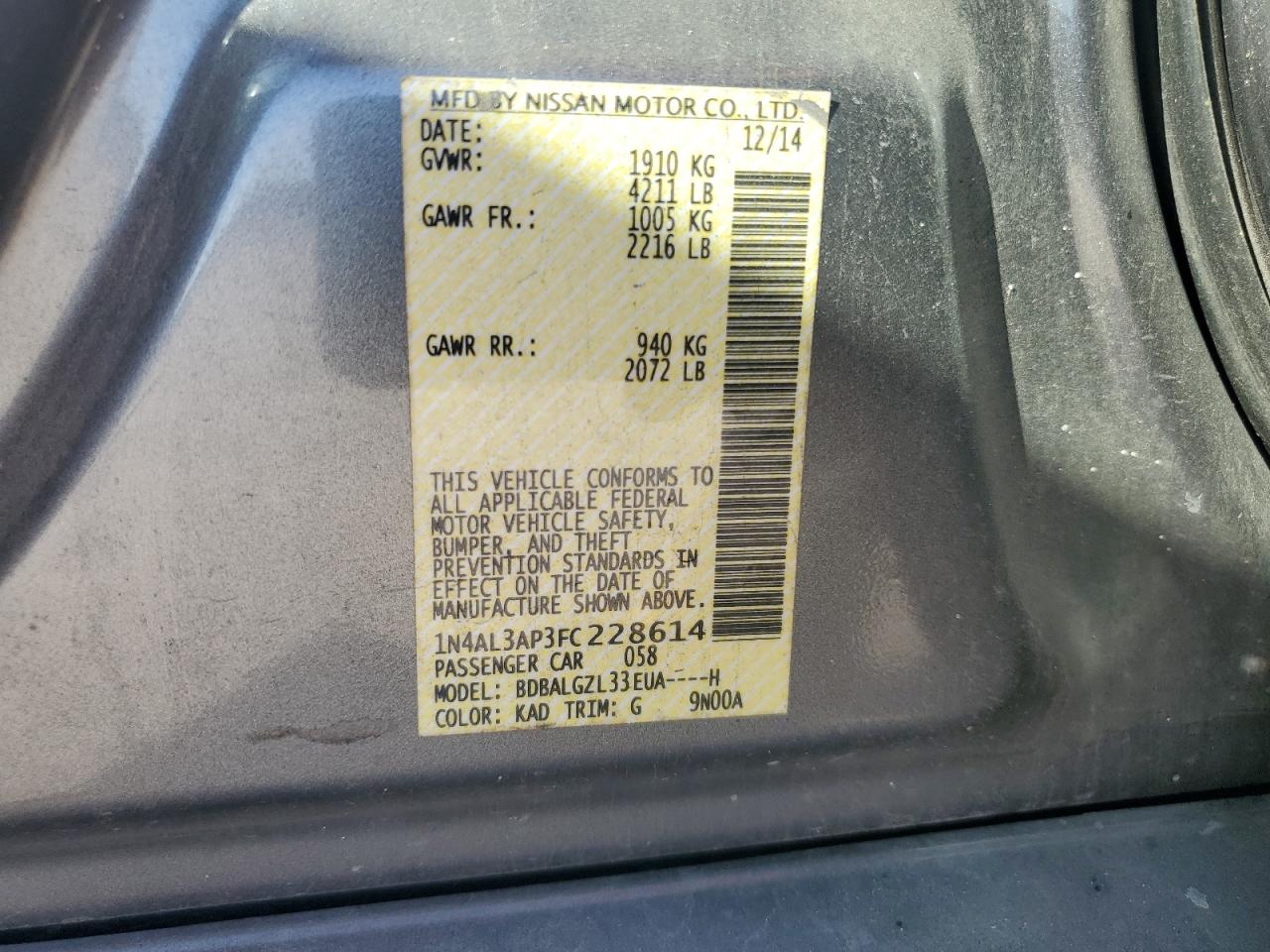 2015 Nissan Altima VIN 1N4AL3AP3FC228614 Copart auction photo, rear end damage thumbnail 12