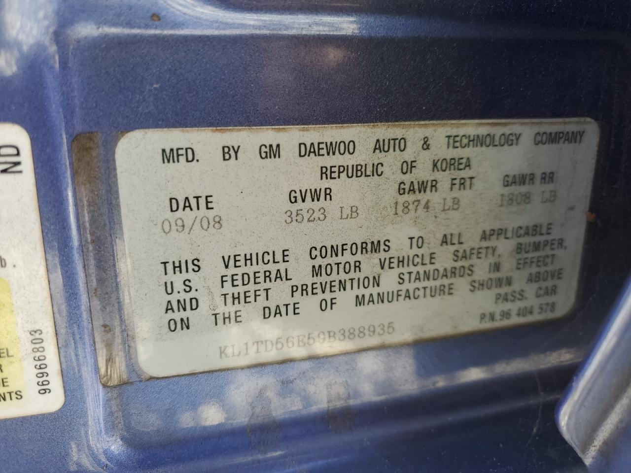 2009 Chevrolet Aveo VIN KL1TD56E59B388935 Copart auction photo, front end damage thumbnail 14