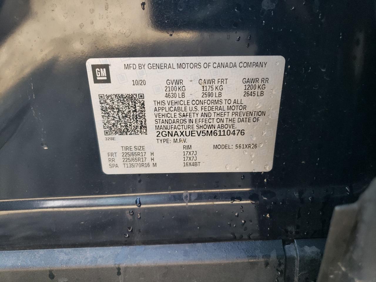 2021 Chevrolet Equinox VIN 2GNAXUEV5M6110476 Copart auction photo, rear end / minor dent/scratches damage thumbnail 14