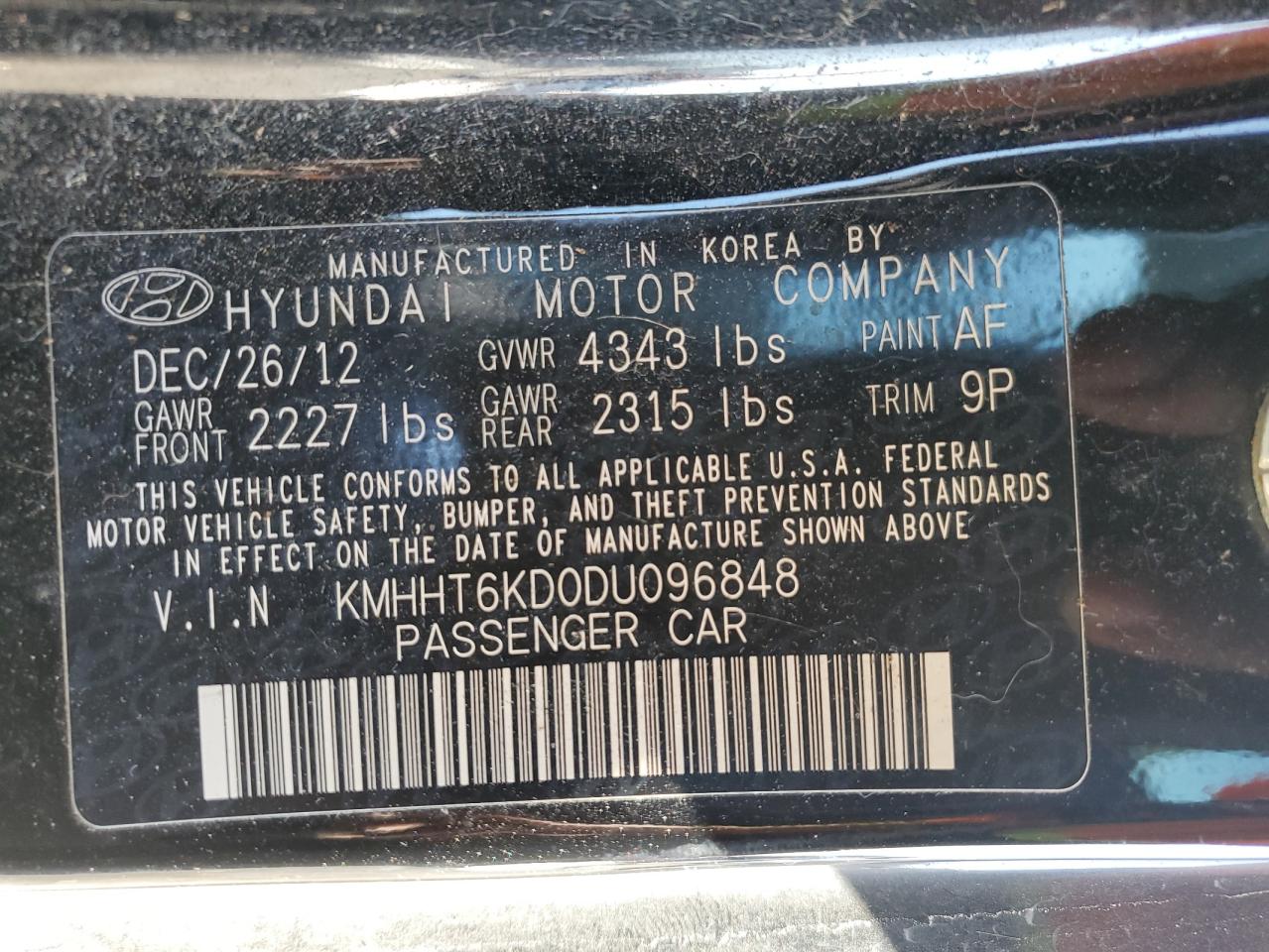 2013 Hyundai Genesis VIN KMHHT6KD0DU096848 Copart auction photo, rear end damage thumbnail 13
