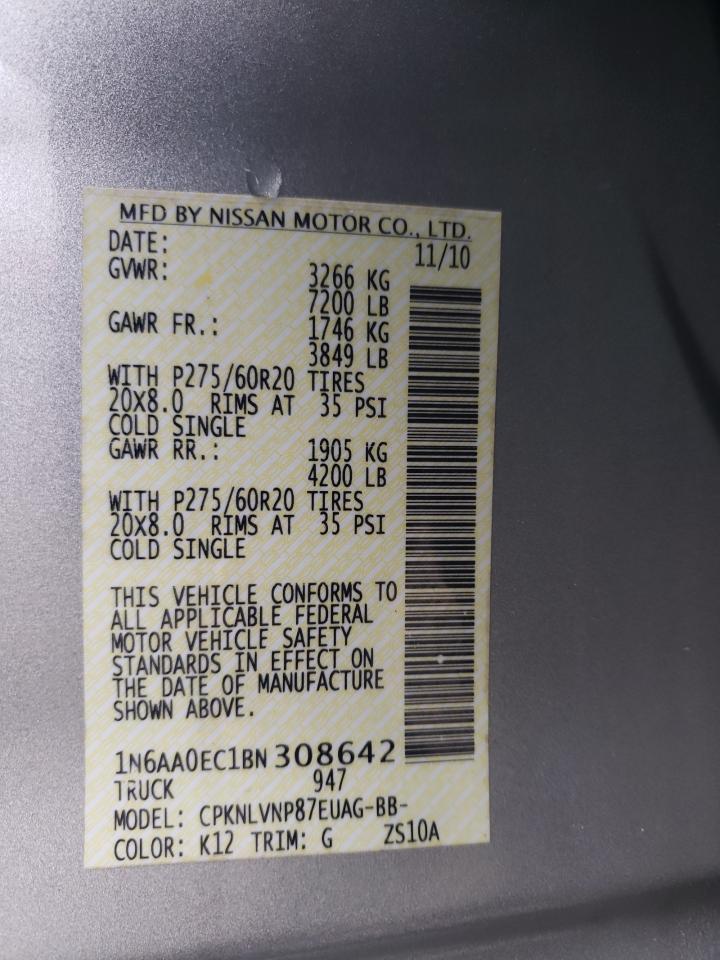 2011 Nissan Titan VIN 1N6AA0EC1BN308642 Copart auction photo, burn - interior damage thumbnail 12
