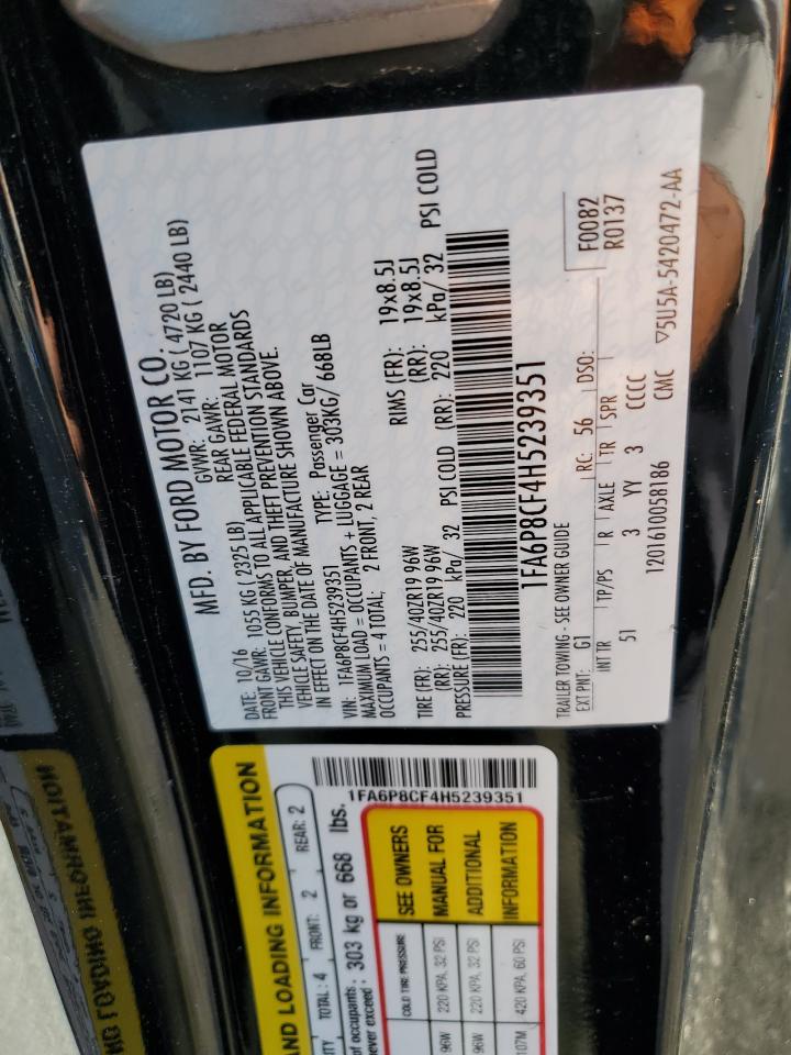 2017 Ford Mustang VIN 1FA6P8CF4H5239351 Copart auction photo, rollover / water/flood damage thumbnail 14