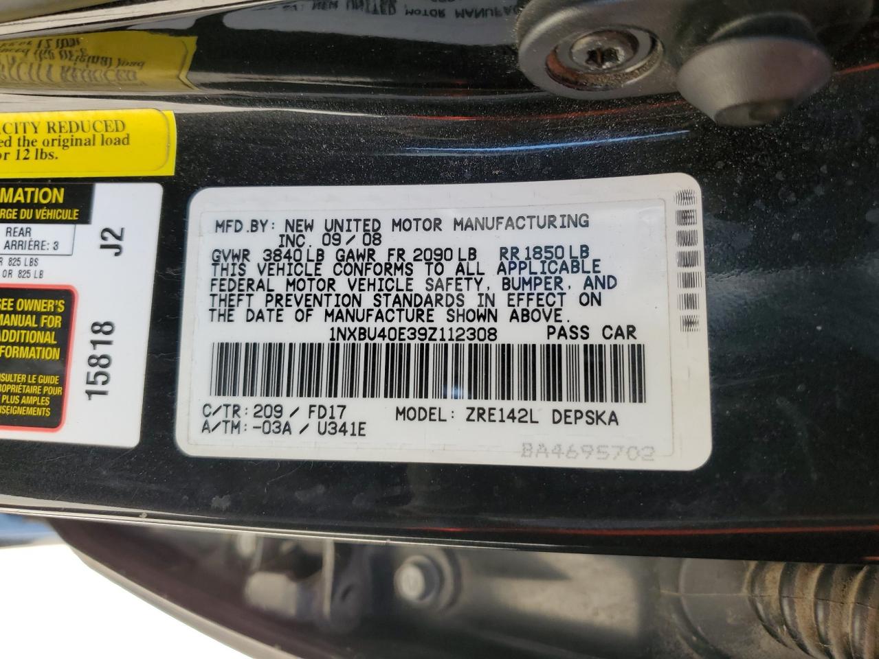 2009 Toyota Corolla VIN 1NXBU40E39Z112308 Copart auction photo, front end damage thumbnail 12