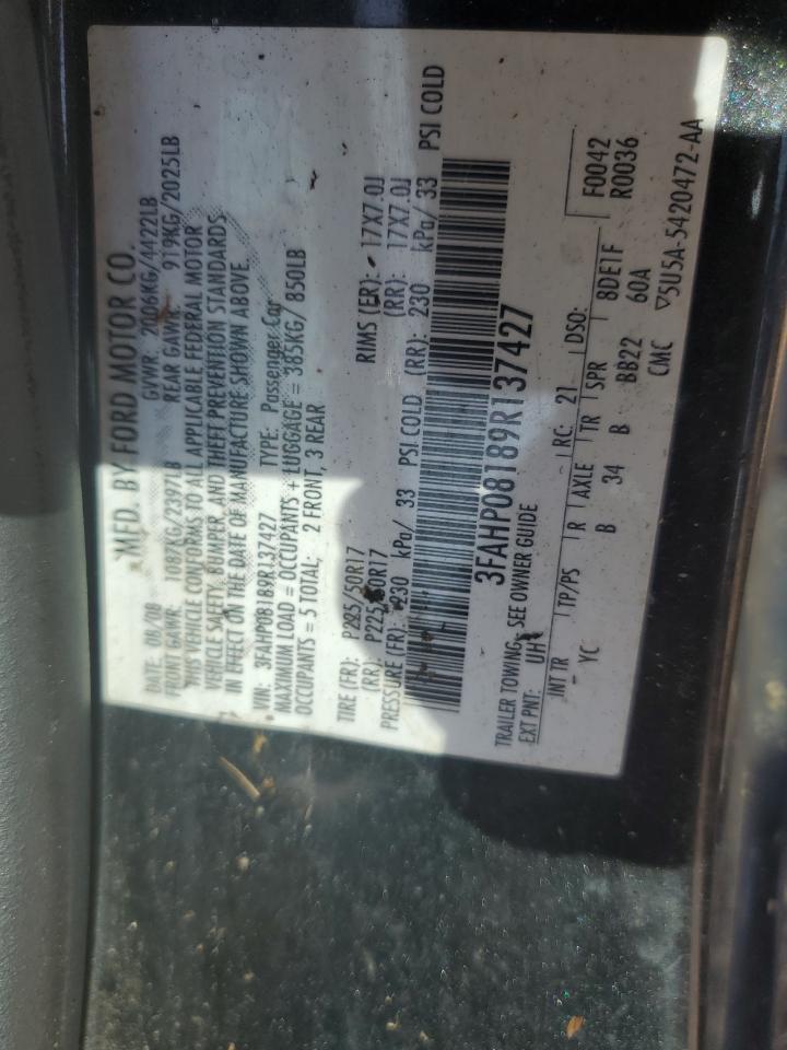2009 Ford Fusion VIN 3FAHP08189R137427 Copart auction photo, front end damage thumbnail 13