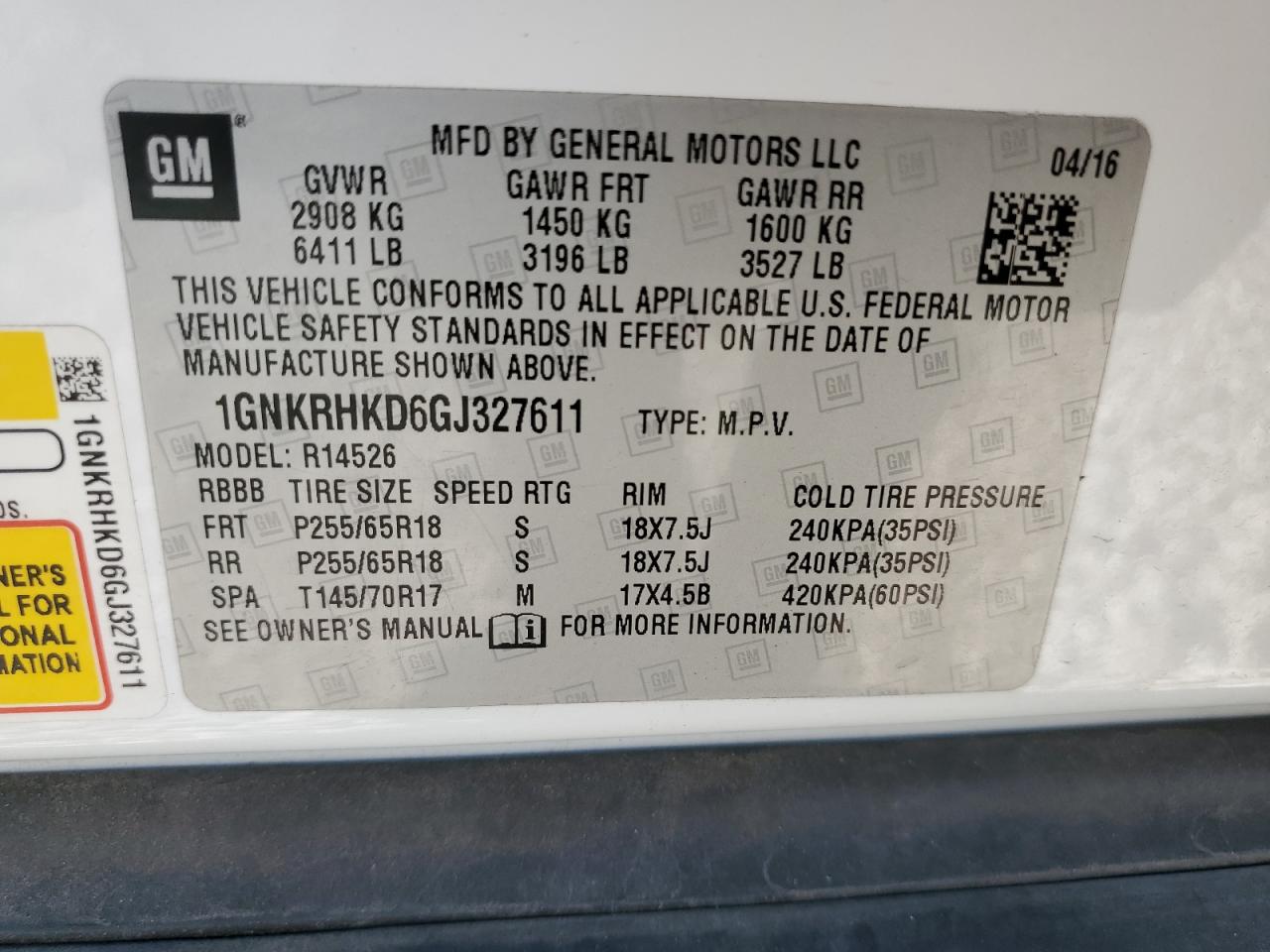2016 Chevrolet Traverse VIN 1GNKRHKD6GJ327611 Copart auction photo, rear end damage thumbnail 16