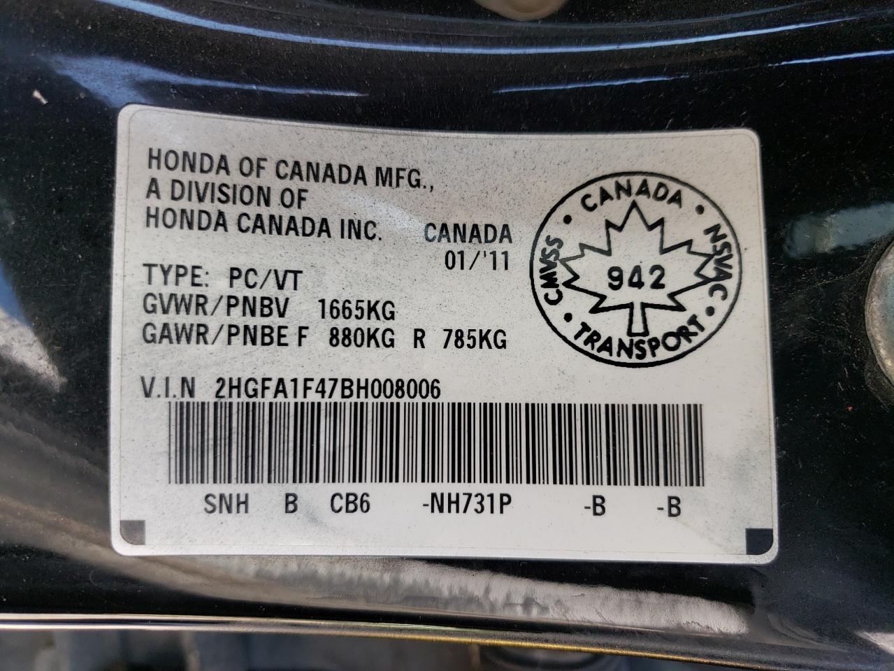 2011 Honda Civic VIN 2HGFA1F47BH008006 Copart auction photo, side / front end damage thumbnail 12