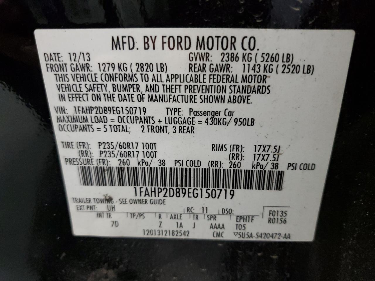 2014 Ford Taurus VIN 1FAHP2D89EG150719 Copart auction photo, normal wear damage thumbnail 12