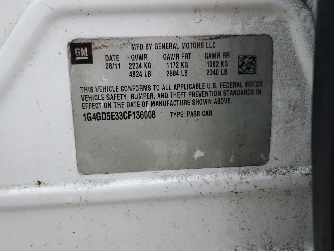 2012 Buick LaCrosse VIN 1G4GD5E33CF136008 Copart auction photo, front end damage thumbnail 13