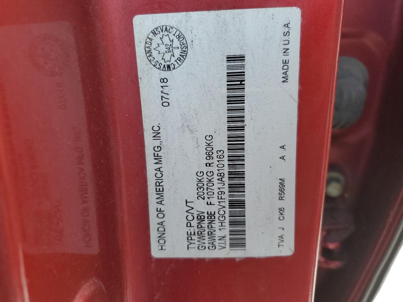 2018 Honda Accord VIN 1HGCV1F91JA810163 Copart auction photo, burn / undercarriage damage thumbnail 12
