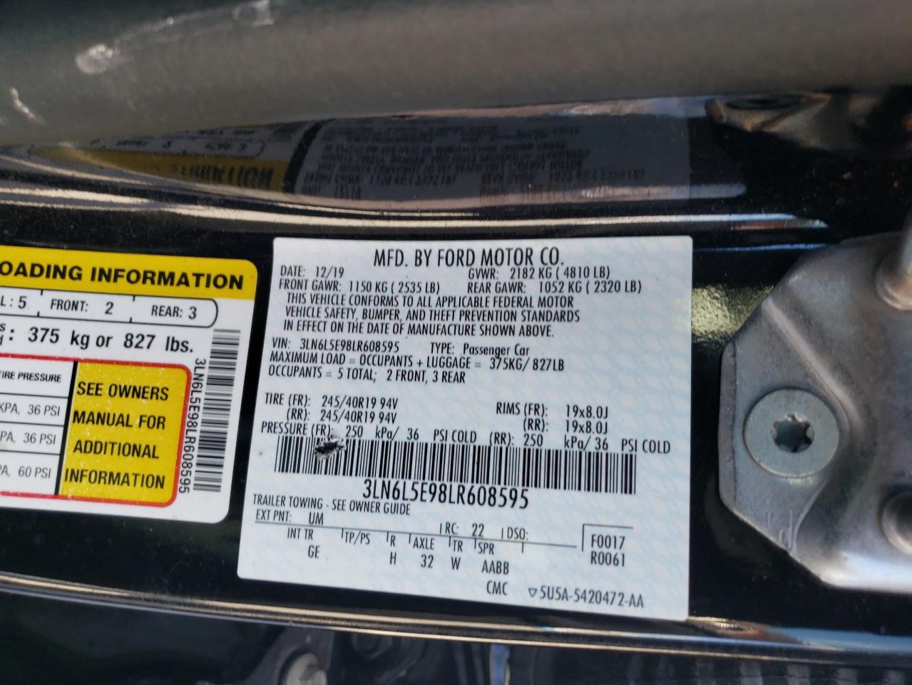 2020 Lincoln MKZ VIN 3LN6L5E98LR608595 Copart auction photo, all over damage thumbnail 12