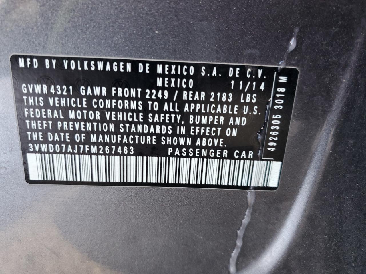 2015 Volkswagen Jetta VIN 3VWD07AJ7FM267463 Copart auction photo, rear end / side damage thumbnail 12