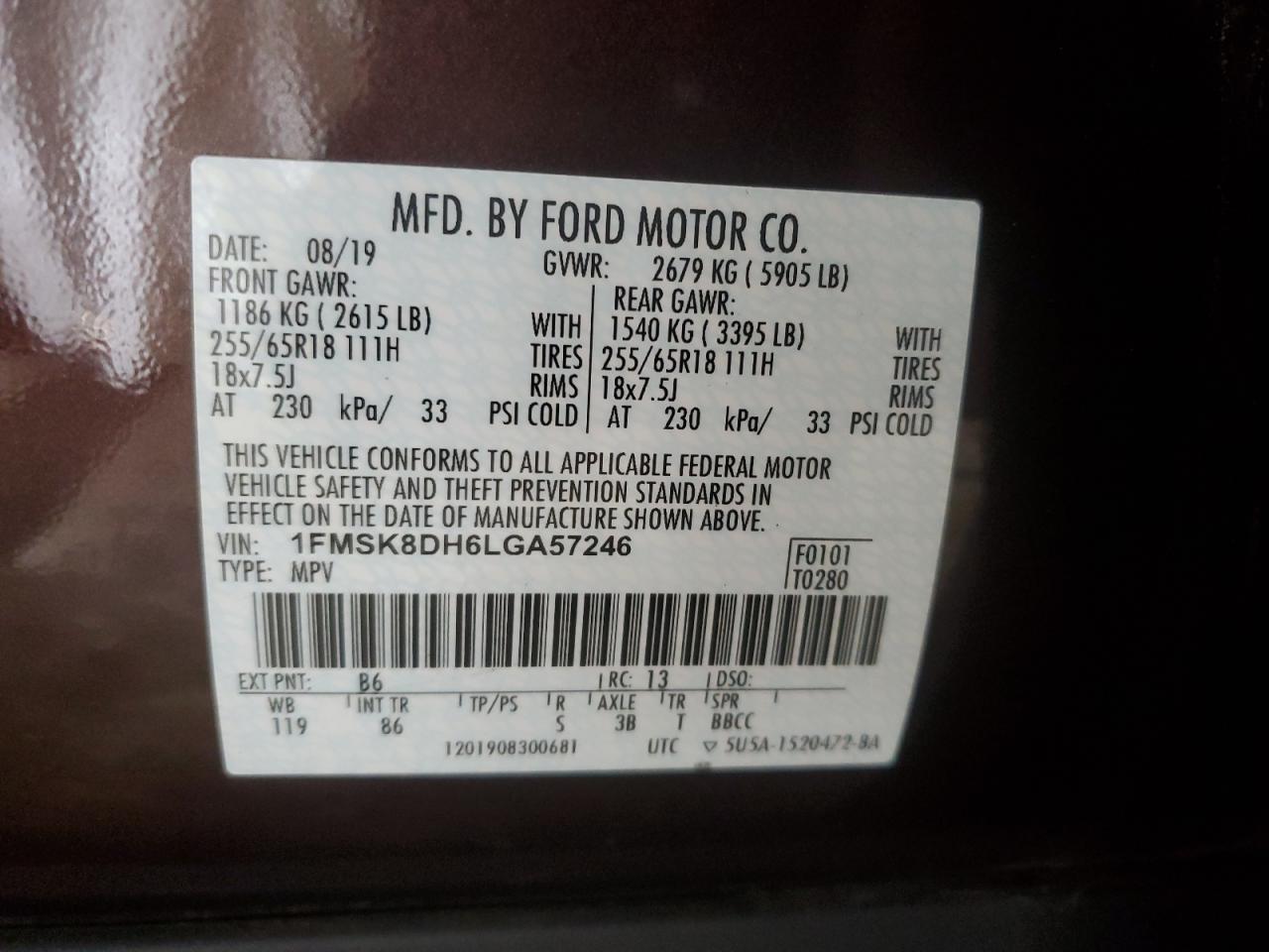 2020 Ford Explorer VIN 1FMSK8DH6LGA57246 Copart auction photo, rear end / side damage thumbnail 14