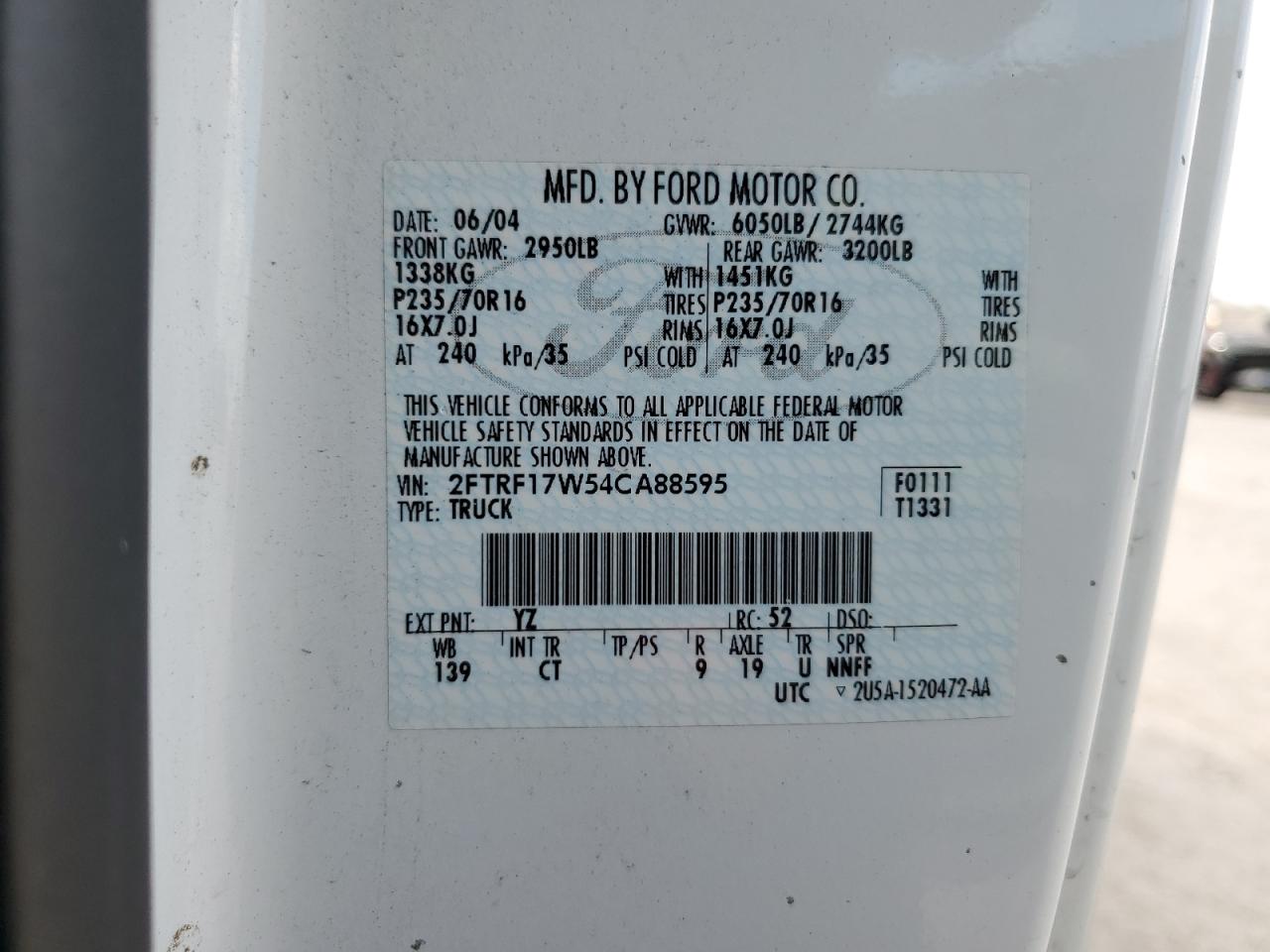 2004 Ford F-150 VIN 2FTRF17W54CA88595 Copart auction photo, rear end damage thumbnail 12