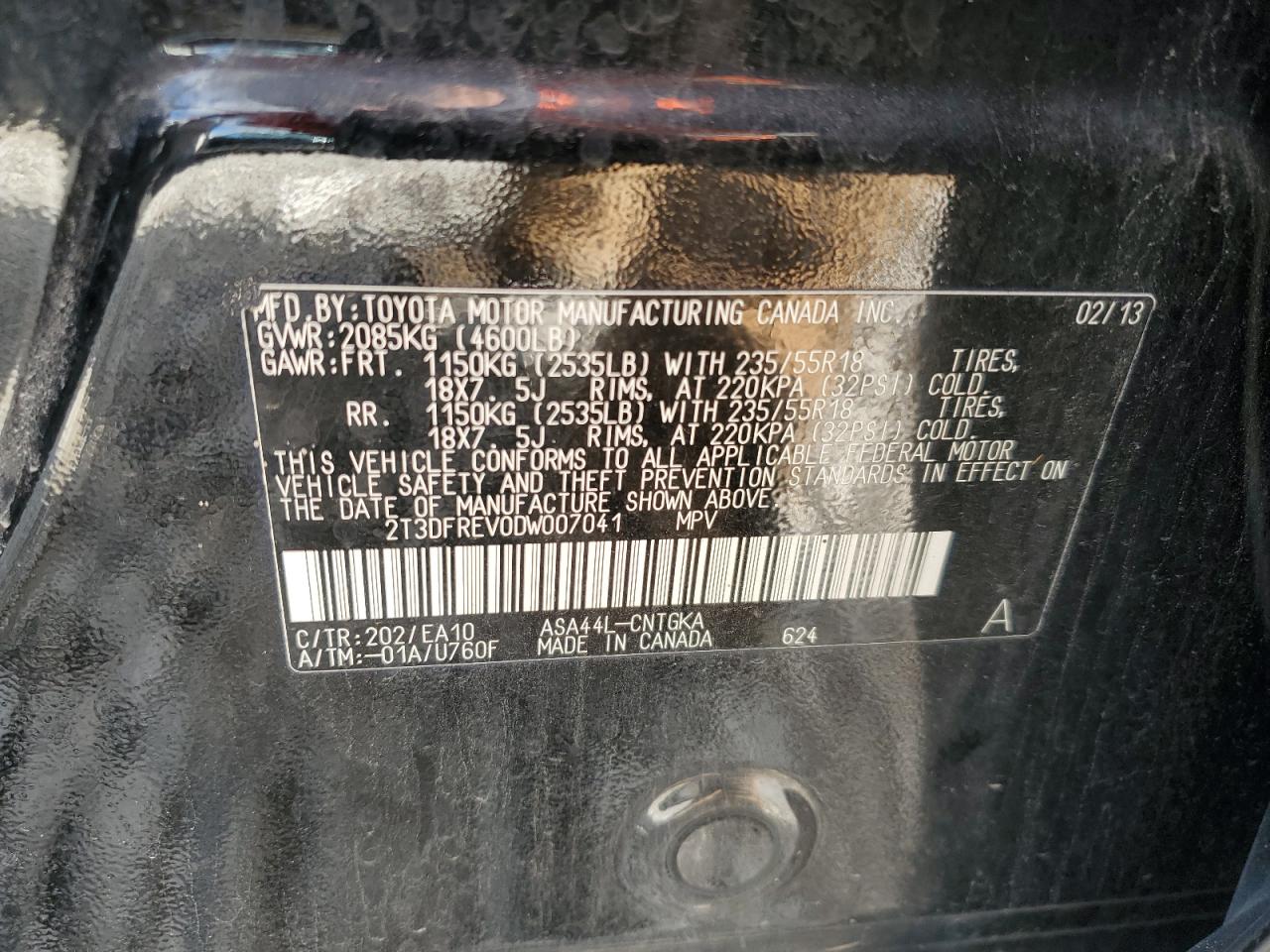 2013 Toyota RAV 4 VIN 2T3DFREV0DW007041 Copart auction photo, front end damage thumbnail 13
