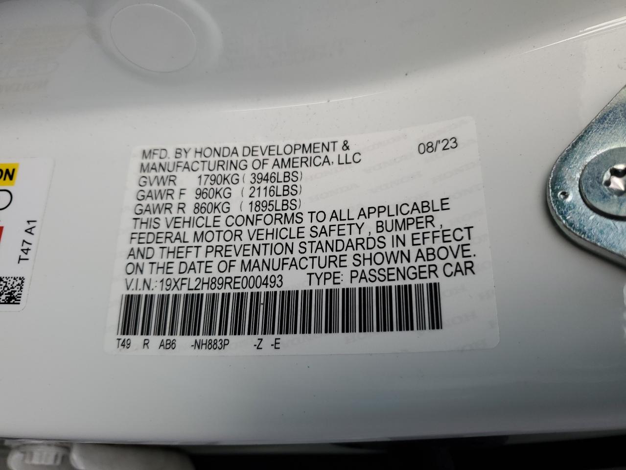 2024 Honda Civic VIN 19XFL2H89RE000493 Copart auction photo, all over damage thumbnail 13