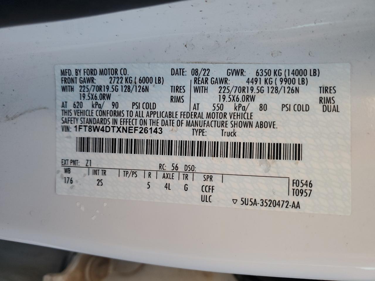 2022 Ford F450 VIN 1FT8W4DTXNEF26143 Copart auction photo, side / front end damage thumbnail 13
