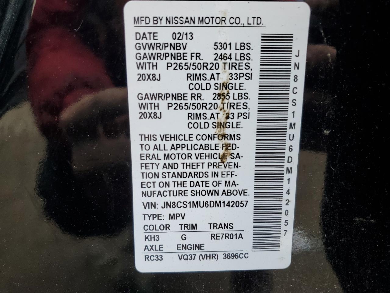 2013 Infiniti FX VIN JN8CS1MU6DM142057 Copart auction photo, vandalism / rear end damage thumbnail 13