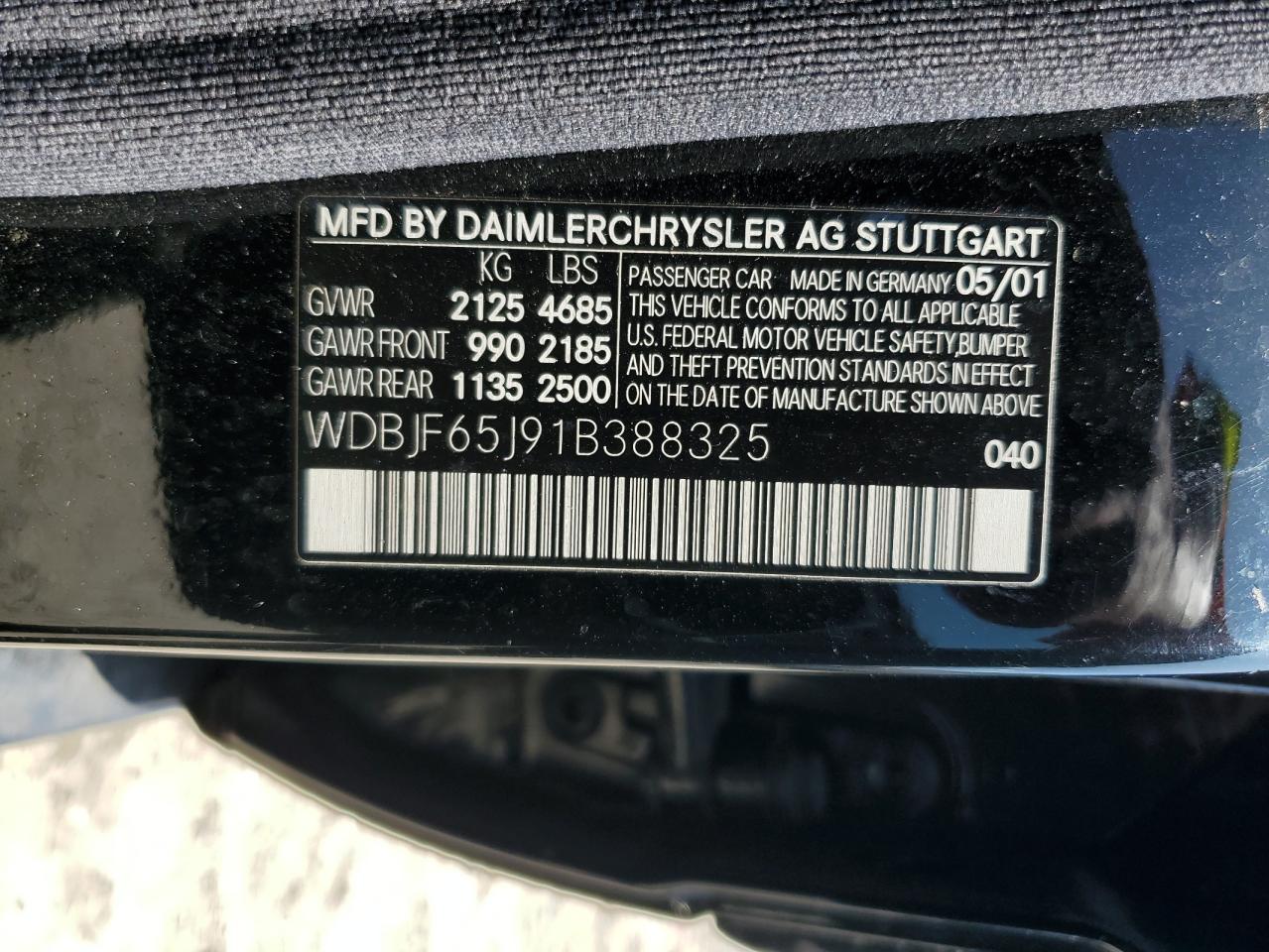 2001 Mercedes-Benz E-klasse VIN WDBJF65J91B388325 Copart auction photo, front end damage thumbnail 12