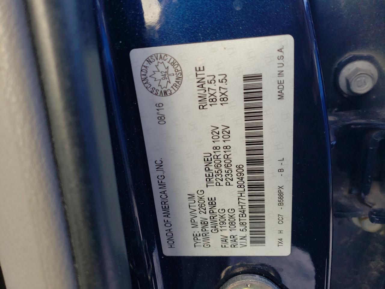 2017 Acura RDX VIN 5J8TB4H77HL804906 Copart auction photo, side damage thumbnail 12