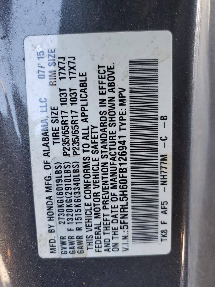2015 Honda Odyssey VIN 5FNRL5H60FB126941 Copart auction photo, front end / rear end damage thumbnail 15