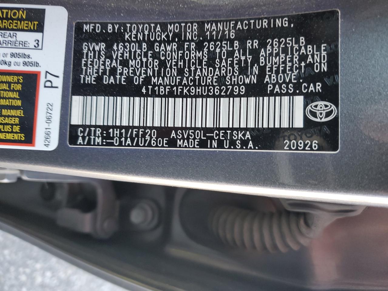 2017 Toyota Camry VIN 4T1BF1FK9HU362799 Copart auction photo, front end / side damage thumbnail 14