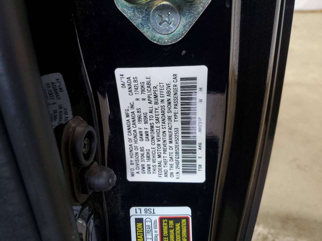 2014 Honda Civic VIN 2HGFG3B52EH522553 Copart auction photo, rear end / front end damage thumbnail 13