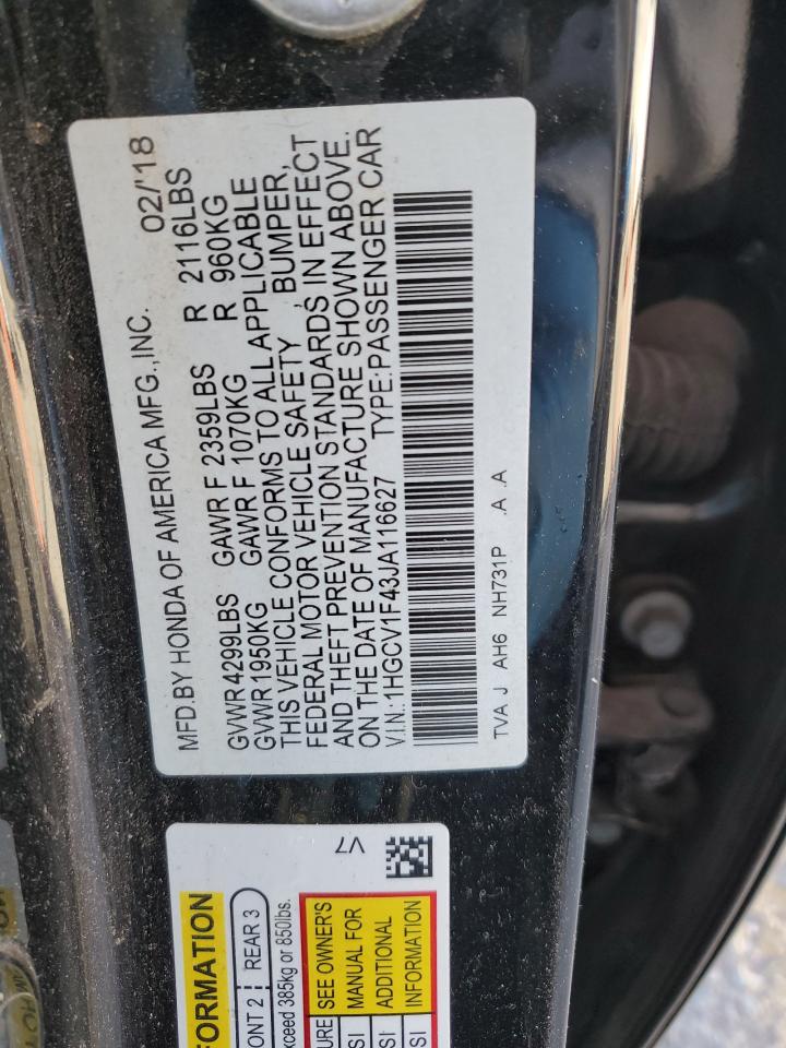 2018 Honda Accord VIN 1HGCV1F43JA116627 Copart auction photo, vandalism / all over damage thumbnail 12