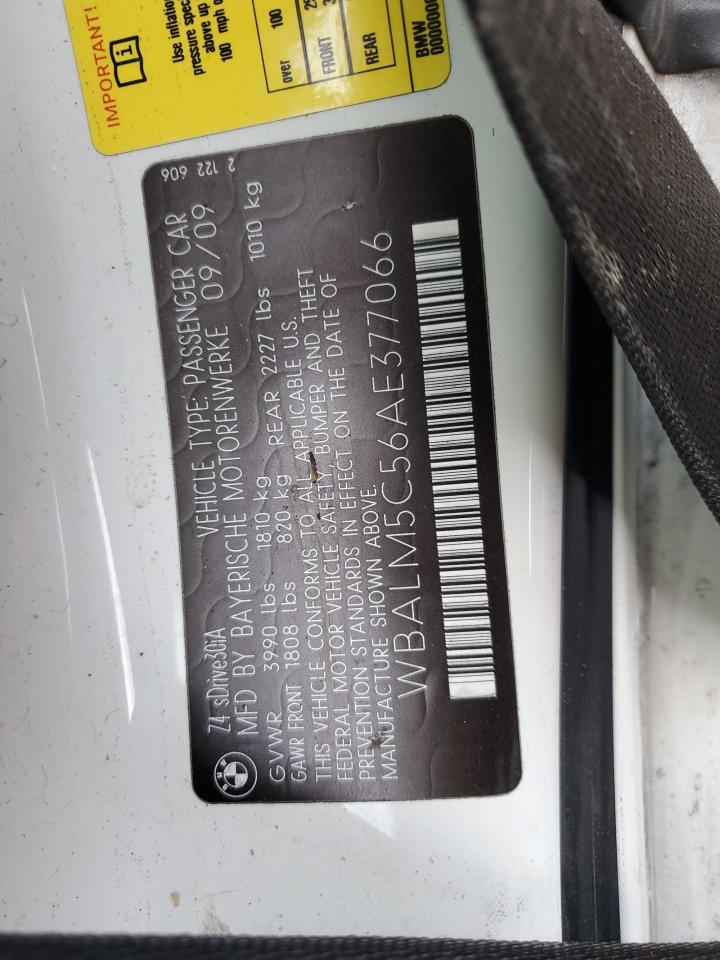 2010 BMW Z4 VIN WBALM5C56AE377066 Copart auction photo, front end / side damage thumbnail 13