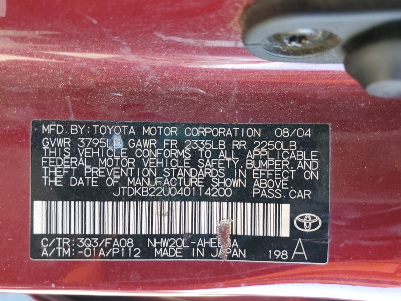 2004 Toyota Prius VIN JTDKB22U040114200 Copart auction photo, side / front end damage thumbnail 13