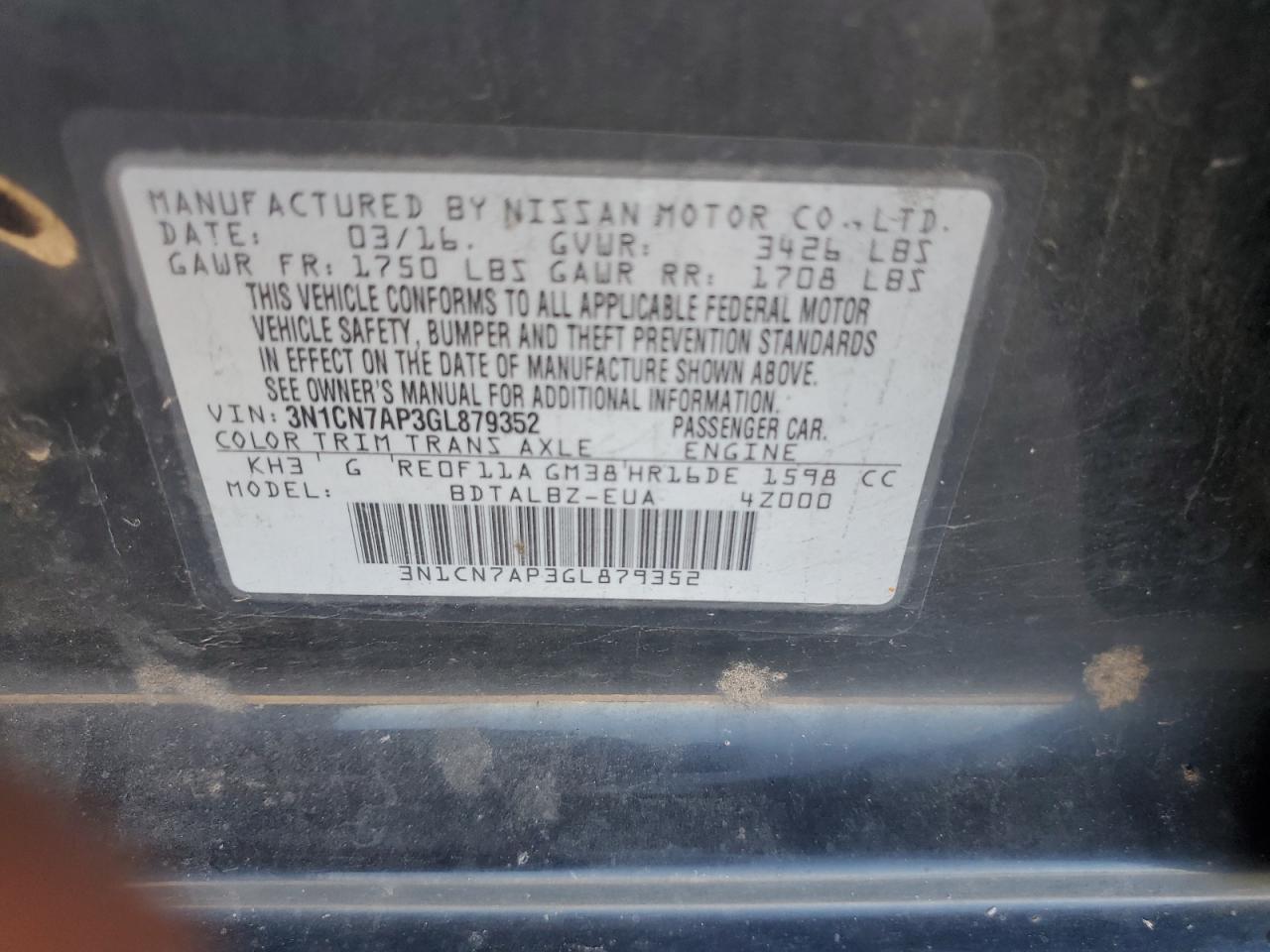 2016 Nissan Versa VIN 3N1CN7AP3GL879352 Copart auction photo, all over damage thumbnail 14